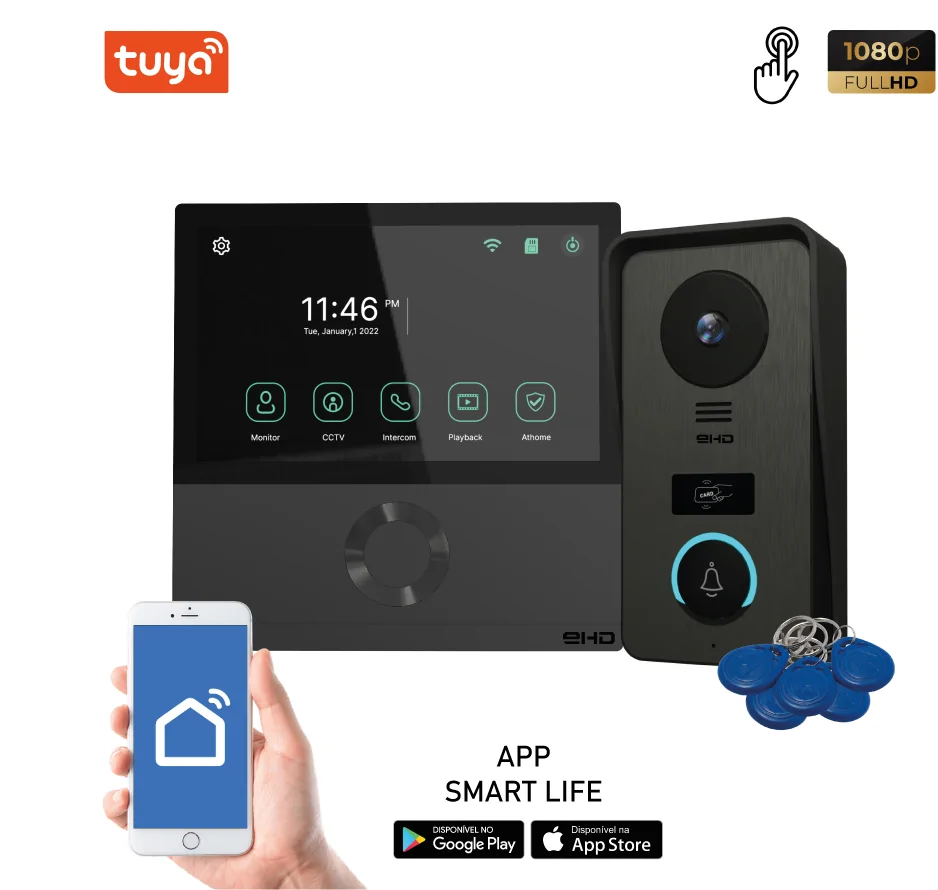 Kit Videoporteiro Wi-Fi 7” 2 Fios Tuya