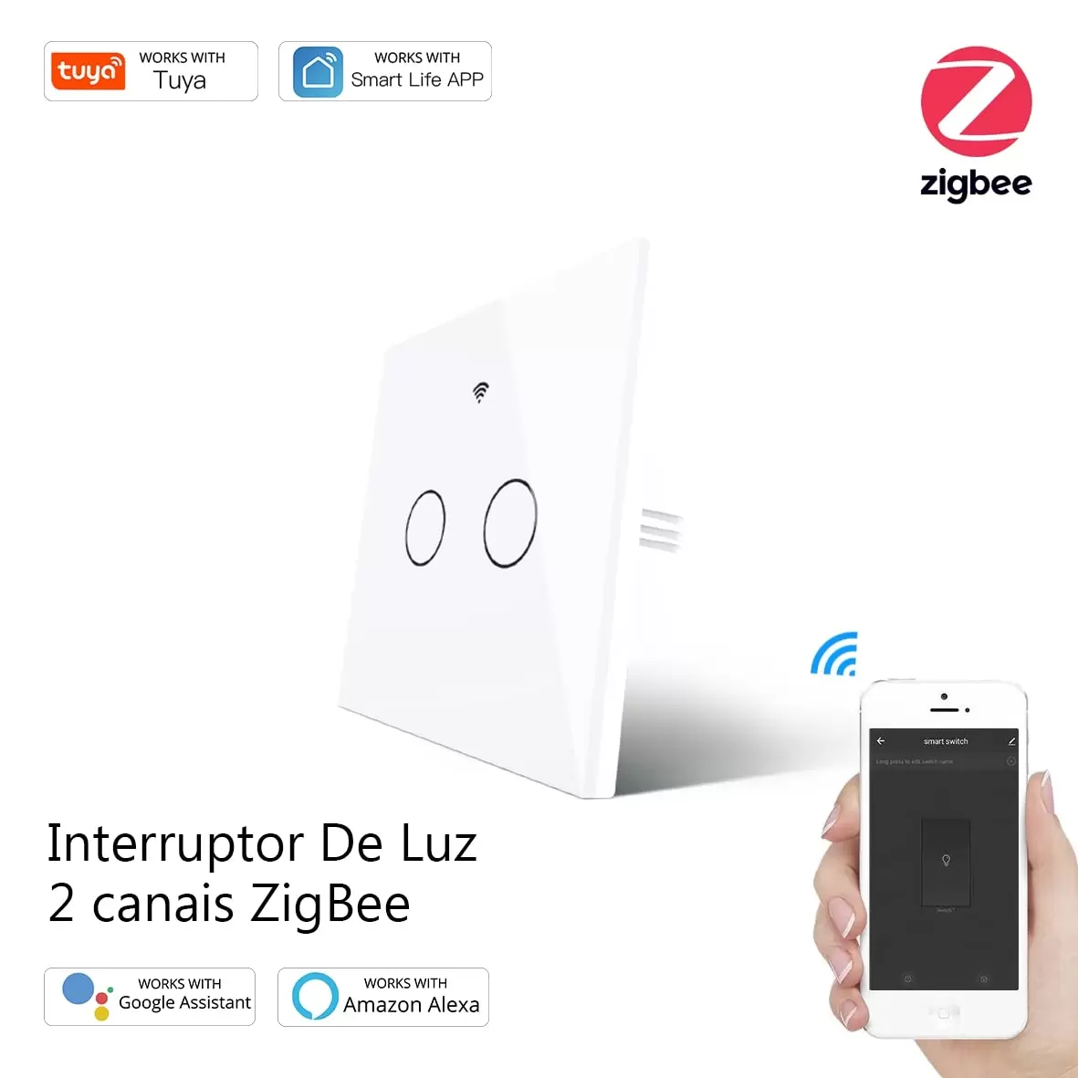 Interruptor de luz tátil de parede 2 canais Zigbee com fios - Image 2